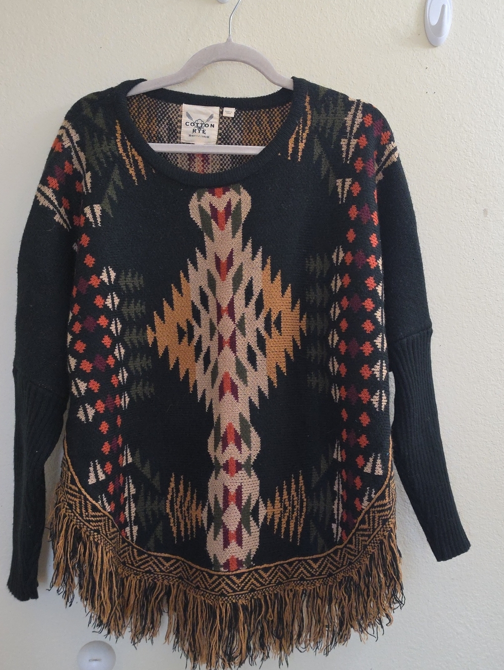 Cotton & Rye  Southwestern Fringe Poncho Sweater, Large